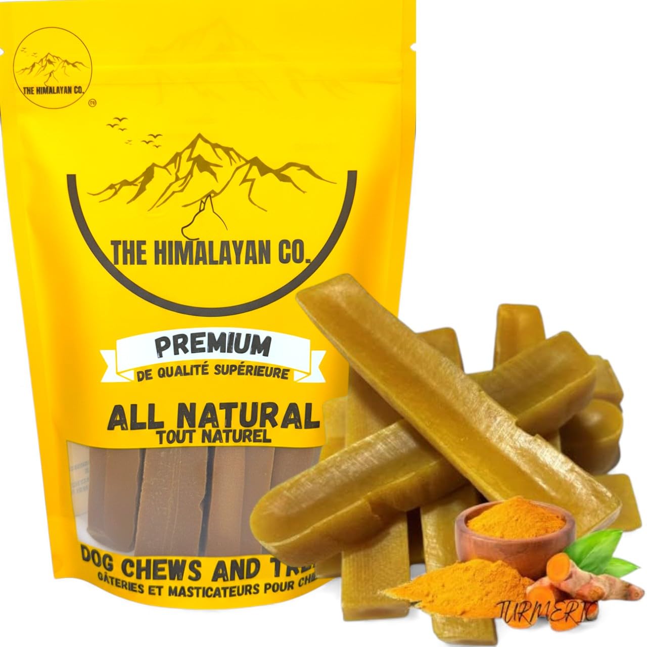 Himalayan Yak Chews - Himalayan Yak Cheese Dog Chew - *(Turmeric Large 4 Count)* - Cheese Bones for Dogs - Long Lasting Dog Treats for Aggressive Chewers - Natural Yak Cheese