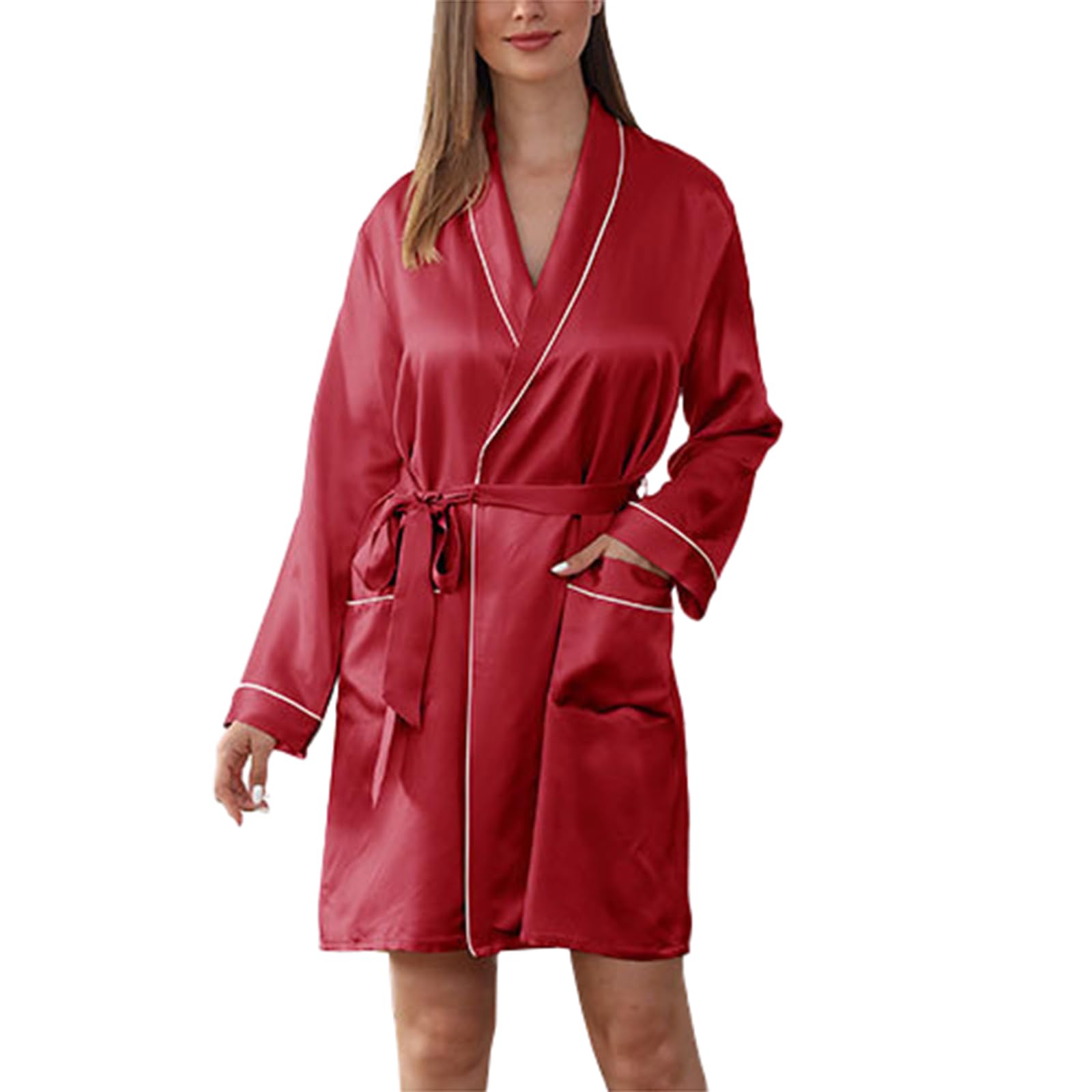 Damen Seide Nachthemden,19 Mama Sexy Satin Nacht Bademäntel Damen Satin Nachthemd,Burgundy,L