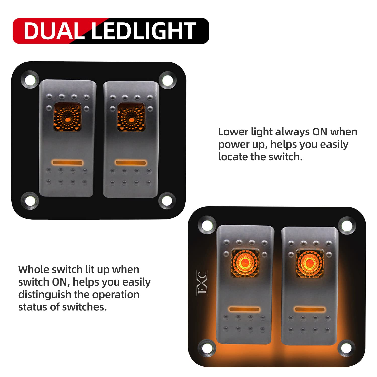 FXC Rocker Switch Aluminum Panel 2 Gang Toggle Switches Dash 5 Pin ON/Off 2 LED Backlit for Boat Car Marine Orange