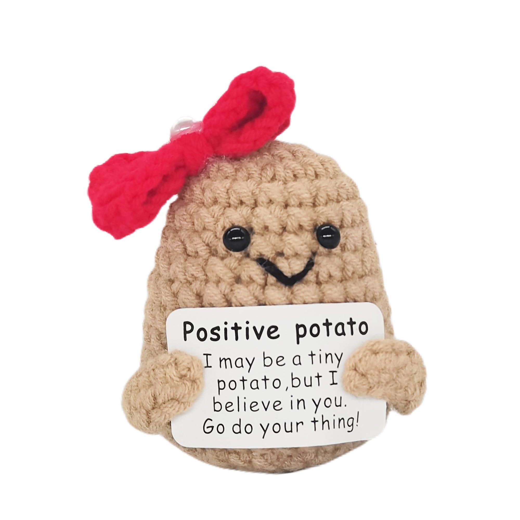 qyqkfly 1 Pcs Positive Mini Funny Potato Holding Card Crochet Easter Birthday Christmas Mom Dad Sister Friend Wife Husband Colleauge College Students Coworkes Cheer Up Gift Decor