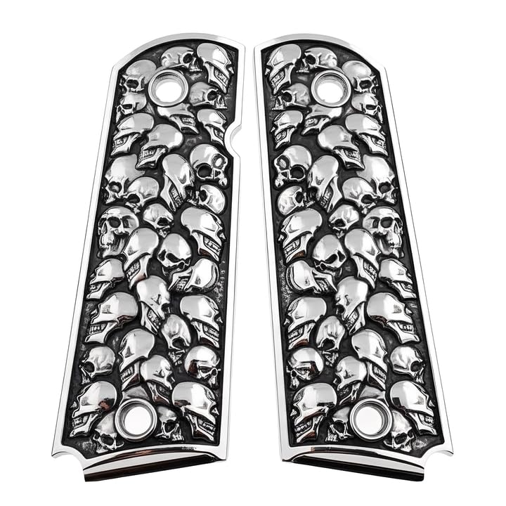 Premium 1911 Grips – Colt 1911 Grips Compatible with Kimber, RIA, S&W Clones – Pewter Aluminum Skull Design