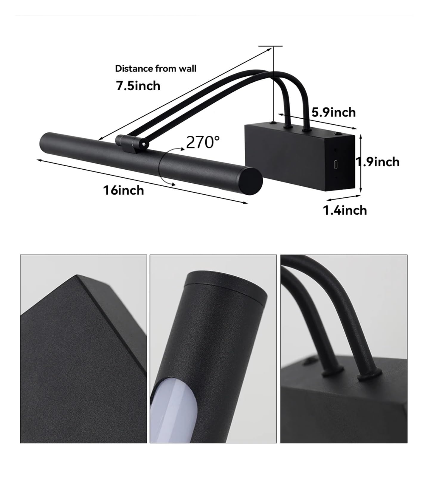 Luz LED para cuadros Lámpara de pared recargable por USB, lámpara de pared LED inalámbrica con atenuación de control remoto, apliques de luz de pared interior de 400 mm, luz de iman negra Luz de pintu