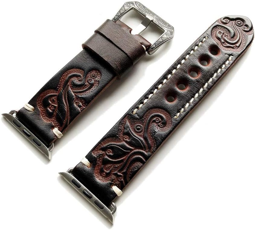 Dark Brown Tooled Embossed Genuine Leather Luxury Band Strap Bracelet with Engraved Buckle Compatible with Apple Watch 38mm All Series SE 6 5 4 3 2 1