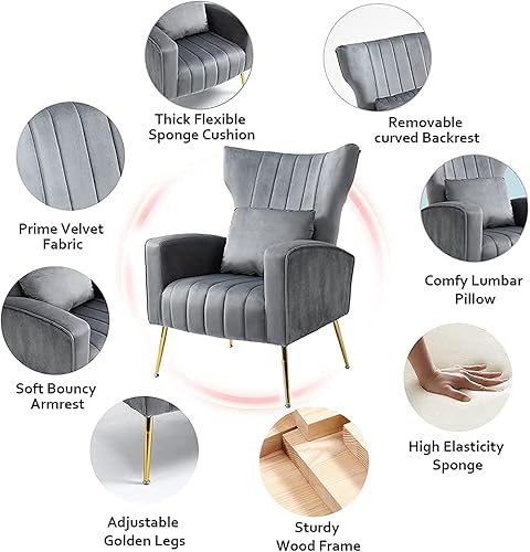 Miniatura 10 de ZJhome Sillas modernas para sala de estar, sillón de terciopelo con almohada lumbar, sillas de dormitorio con respaldo alto, silla de tocador, silla