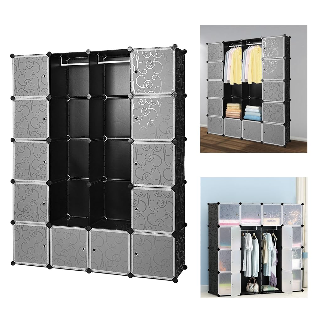 Eulenke Armadio a cubi in plastica: Sistema di 20 cubi resistenti, 2 asta per abiti, 12 porte e guardaroba. Capacità di 10 kg per cubo. Montaggio facile, accessori inclusi.