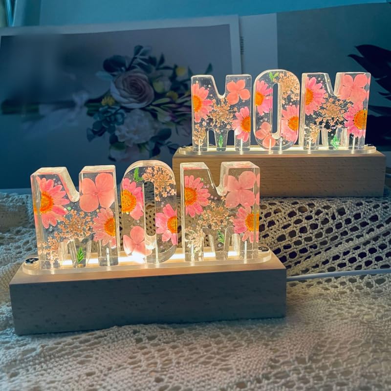 hadefa Customized Dried Flower Letter Light, Personalized Resin Real Flower Night Light with Wooden Base, Mother's Day Valentine's Day Gift Bedroom Decoration