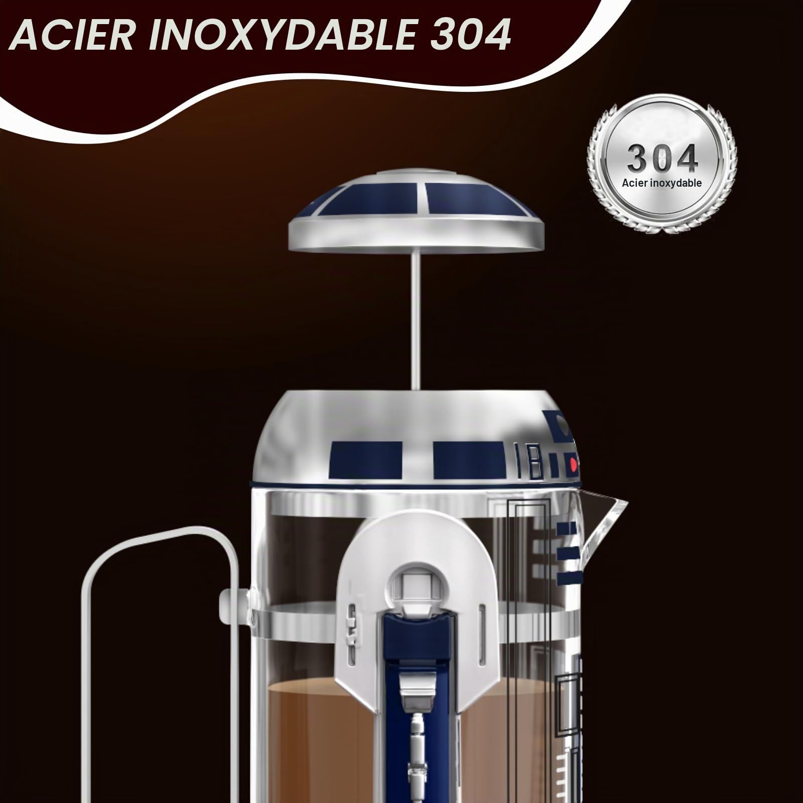 TEENKON Cafetière à piston française isolée en acier inoxydable 304, robot R2D2 de 946 ml, avec écran de filtre pour infusion du café et du thé (blanc)