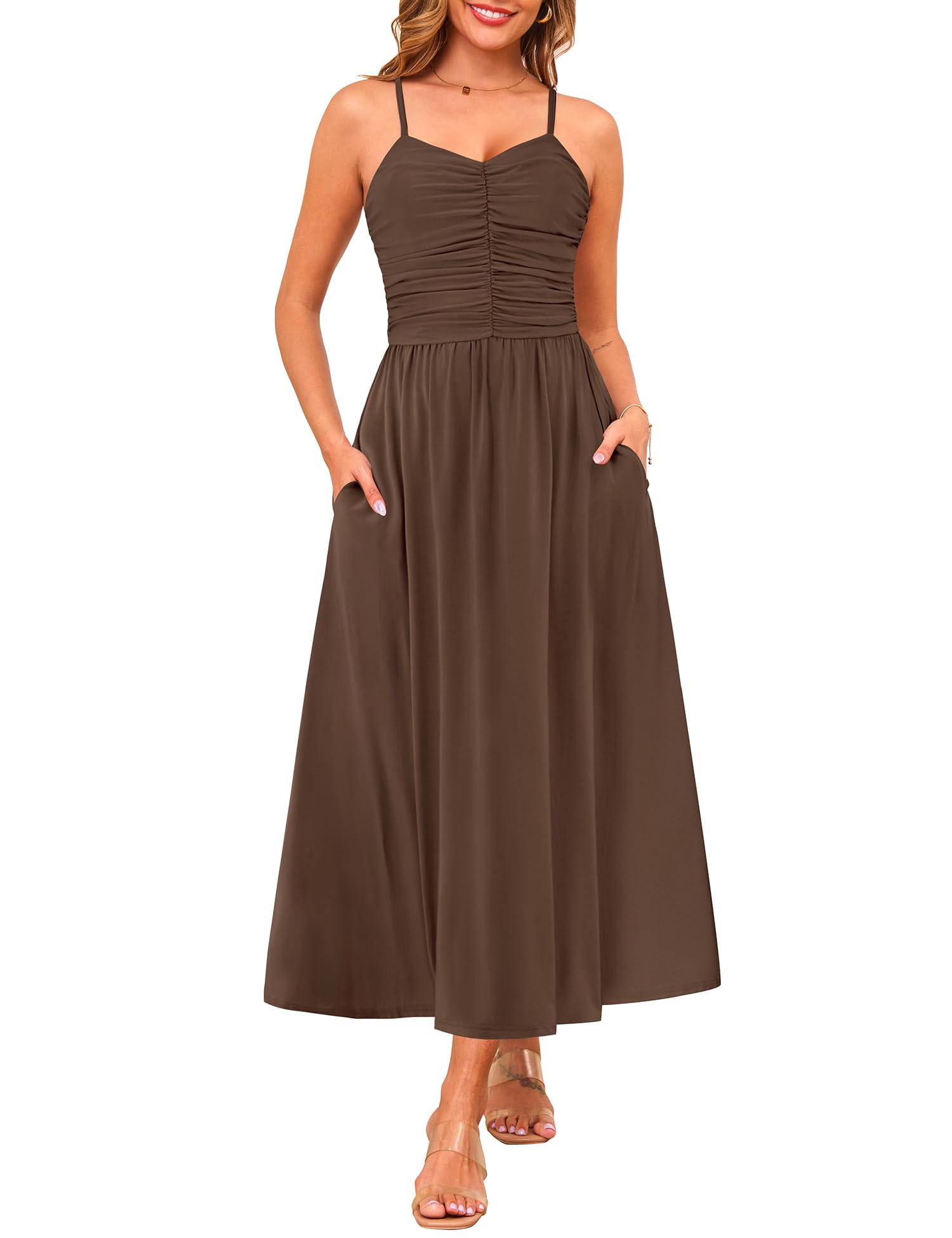 Women's Summer Adjustable Spaghetti Strap Ruched Maxi Sun Dress