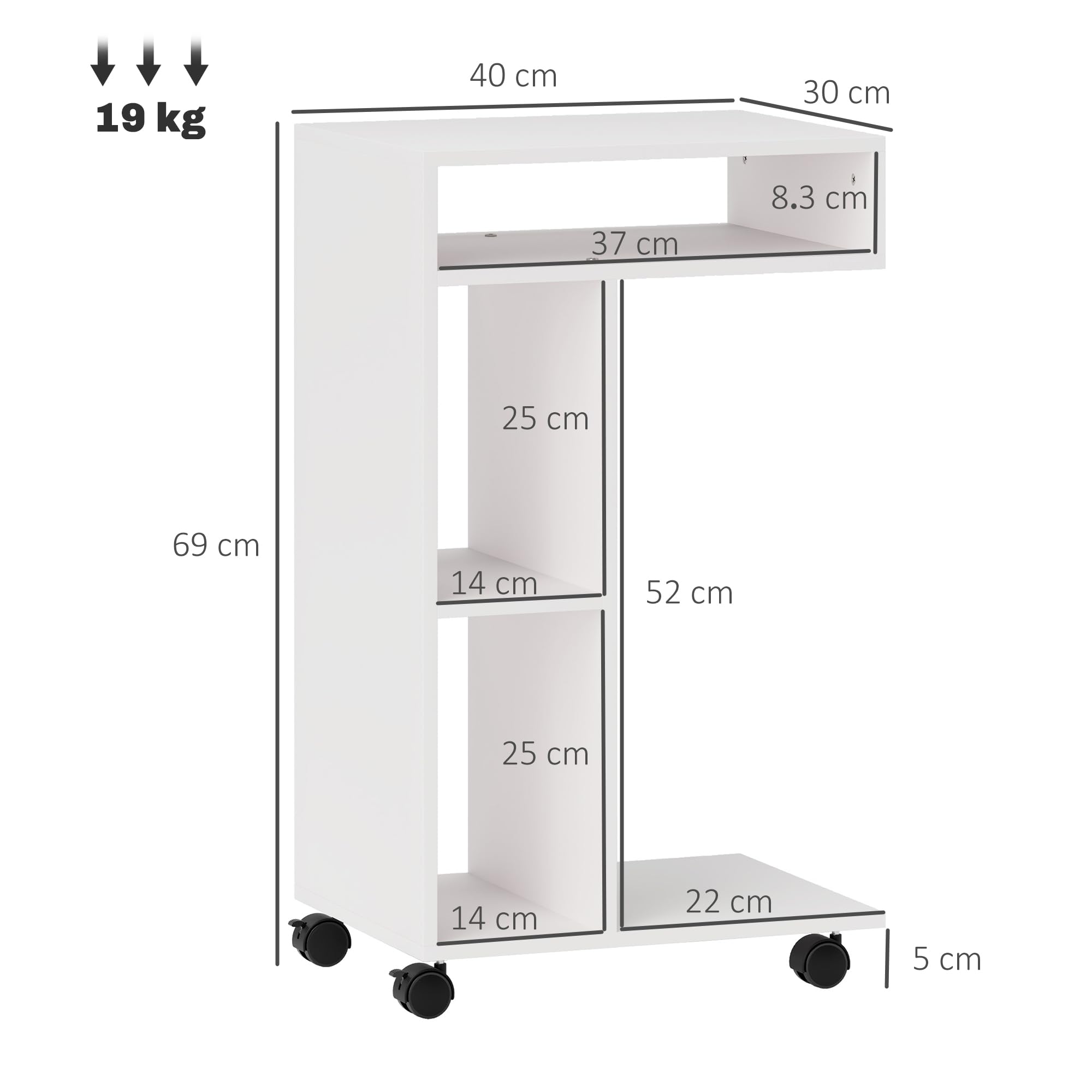 HOMCOM Tavolino da Soggiorno con Rotelle per Divano 40x30x69 cm Bianco