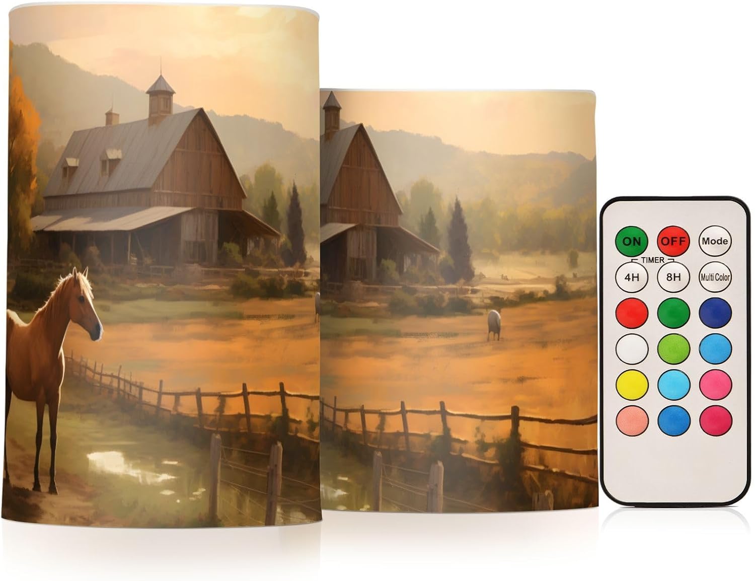 Landscape Farmhouse Horse Flameless Candles with Remote Set of 2 - No Batteries Included, 3” Diameter Battery Candles Flickering with Timer, LED Pillar Votive Candles for Outdoor Indoor