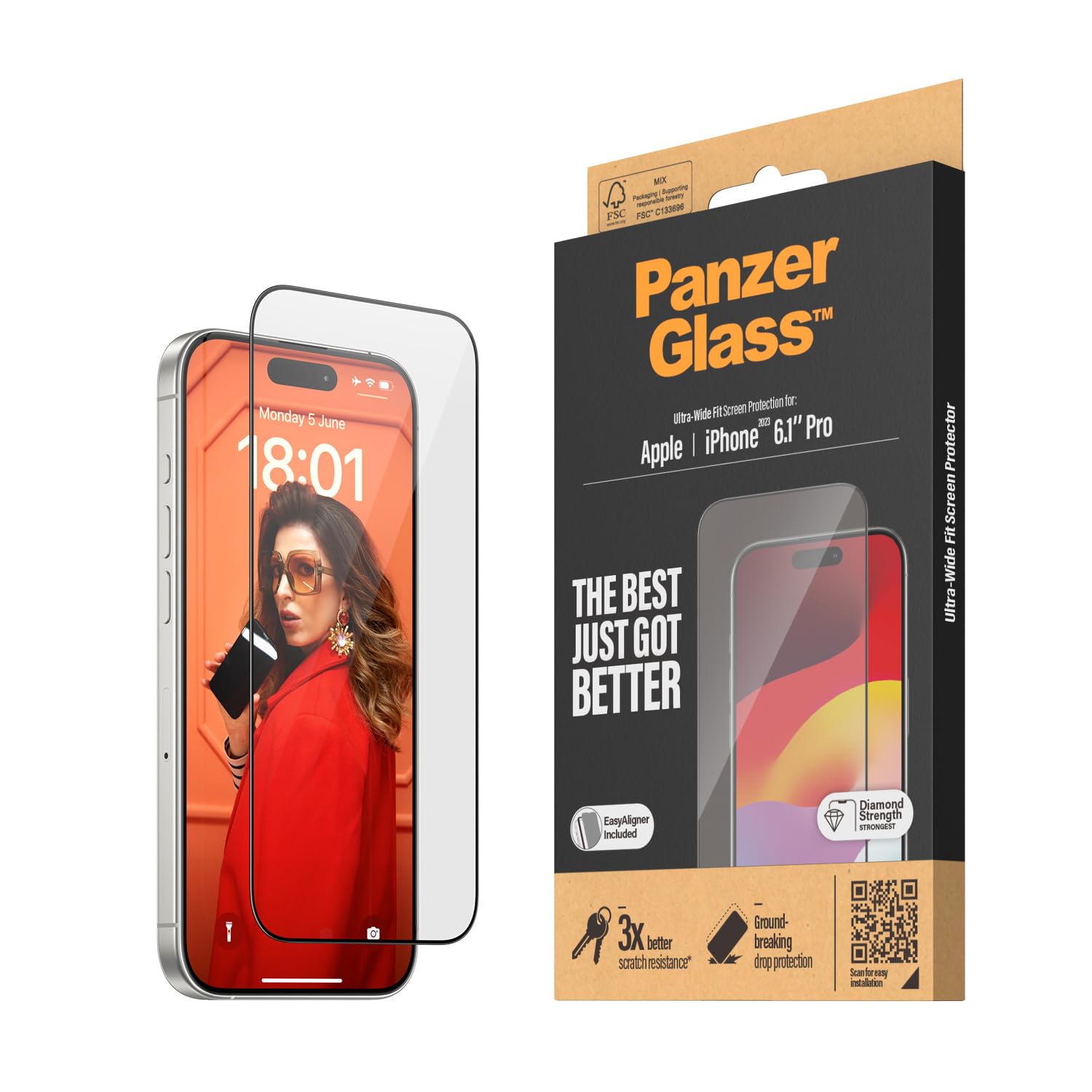 PanzerGlassUltraWide Screen Protector for Apple iPhone 15 Pro 2023 6.1"| Edge to Edge Tempered Glass, Drop/Scratch Protection, Anti-Fingerprint, Easy Install, Case Friendly - Clear w/Black Frame
