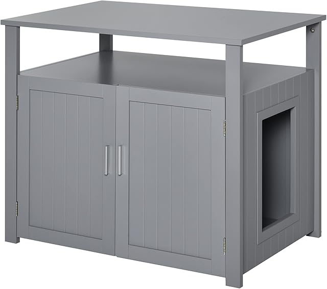 PawHut Wooden Cat Litter Box Enclosure Furniture with Adjustable Interior Wall & Large Tabletop for Nightstand, Grey
