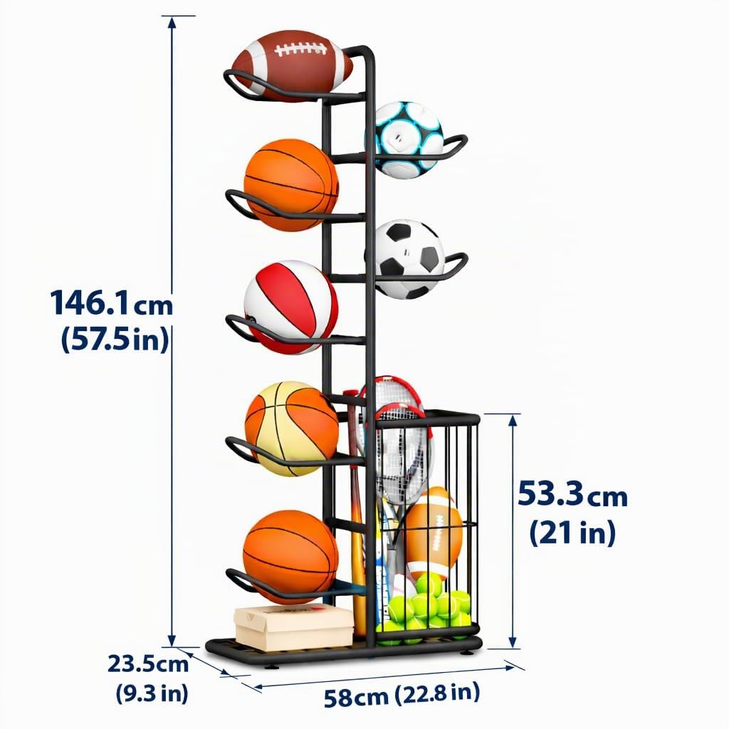 Sportgeräte-Aufbewahrungsregal für 7 Einheiten – Multifunktionaler Metallständer für Garage oder Innenbereich, ideal für Bälle, Spielzeug und Sportausrüstung, schwarz (146 cm hoch)