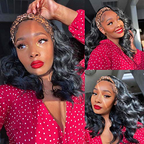 LEOSA Headband Wig Body Wave Wig for Black Women,Long Wavy Wig With Headband Attached Natural Black Loose Deep Wave Wig Synthetic Headband Wig Easy Wear Glueless None Lace Front Wigs for Black Women