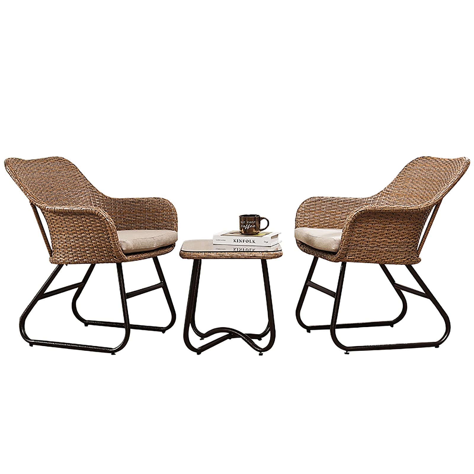 Set da Bistrot 3 Pezzi con Poltrone e Tavolo con Ripiano in Vetro Temperato, Set Mobili da Giardino con Protezione Ambientale in Rattan PE, Mobili da Giardino in Rattan con Intrecciato a Mano