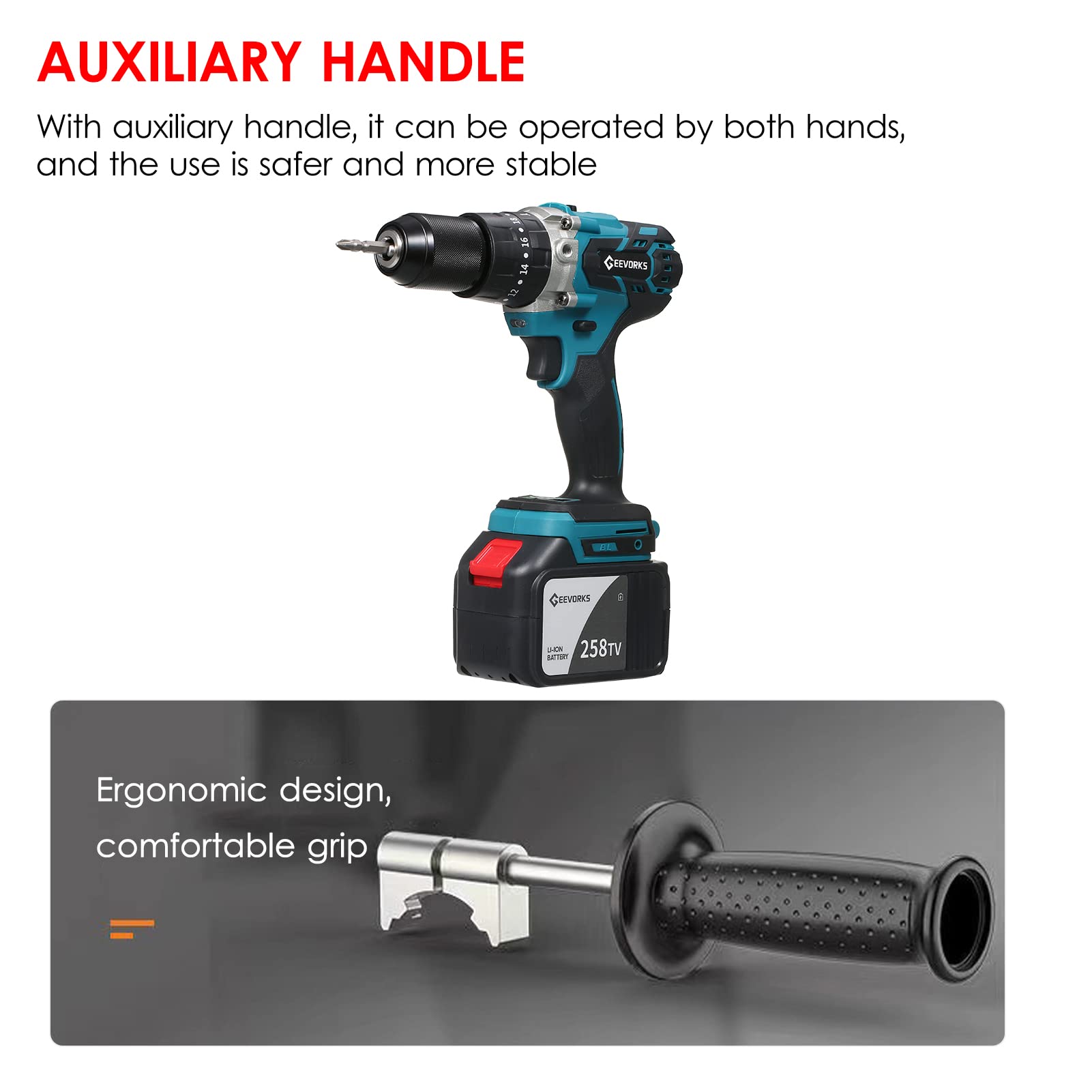Geevorks Taladro Atornillador Batería, Max Torque 200N.m, 1/2 Pulgada Portabrocas de Metal sin Llave, 20+3 Ajuste de Par, 0-2150RMP Martillo de Impacto de Velocidad Variable,Taladro Inalámbrico