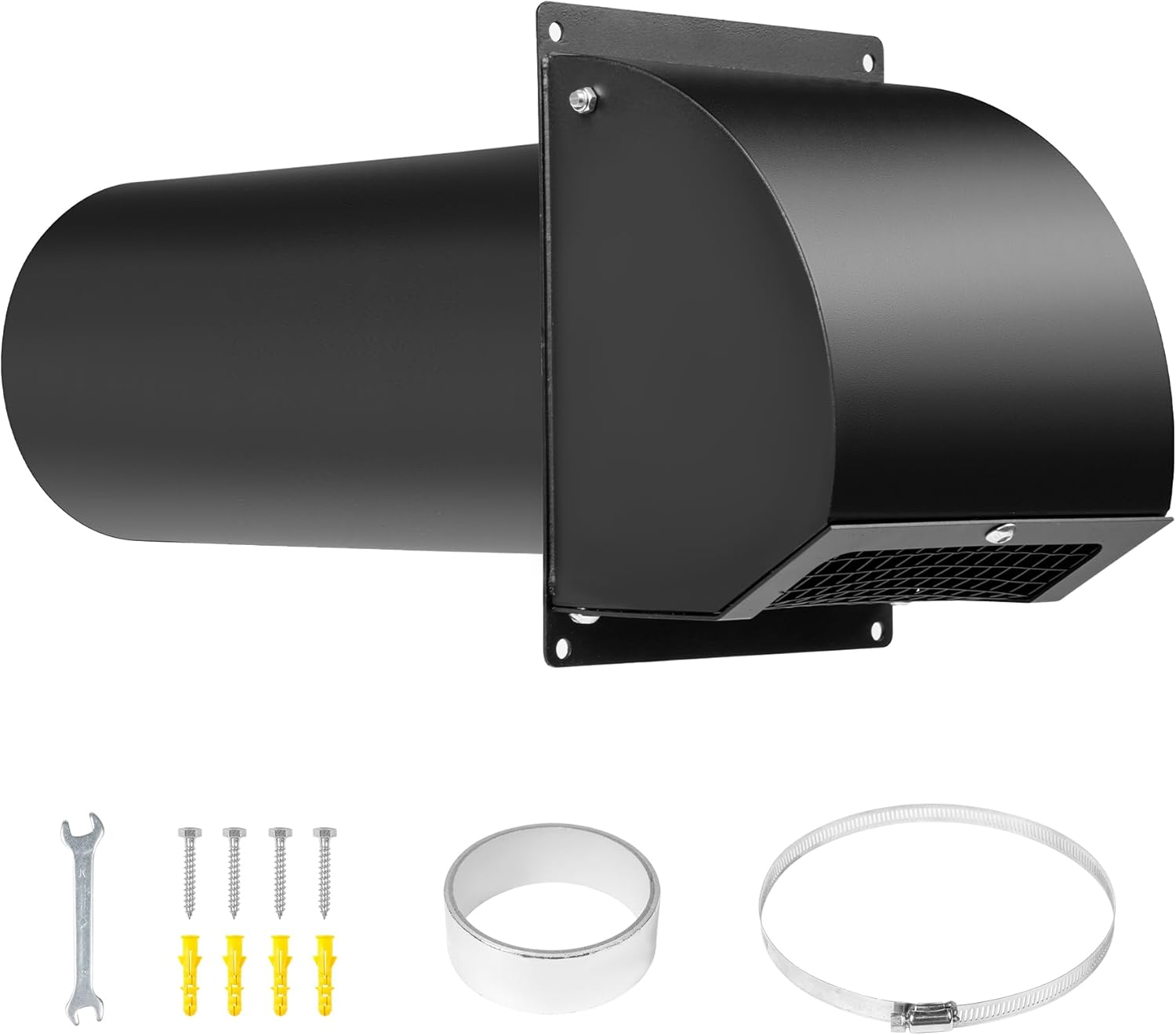 4 Inch Hooded Wall Vent with Screen, Damper, 8-1/4" Length Duct, 14 Gauge Steel Vent Covers for Wall, Wall Vent Cover for Residential Housing and Industrial Facilities Air Exhaust, Black