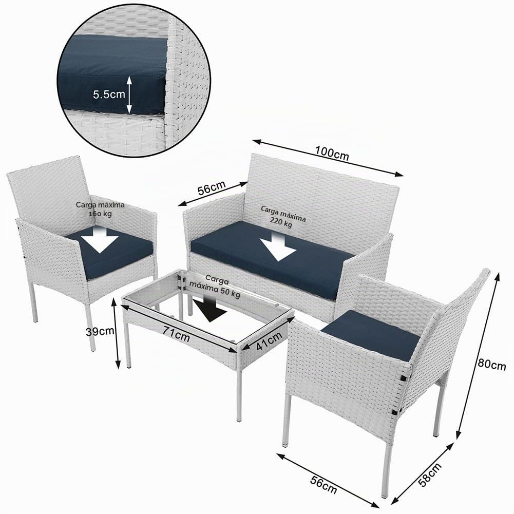 BAKAJI Juego Completo de salón de jardín con sofá, 2 sillones y Mesa con Estante de Cristal, salón de Exterior con Estructura de ratán sintético Blanco, Cojines desenfundables, terraza, balcón y Bar