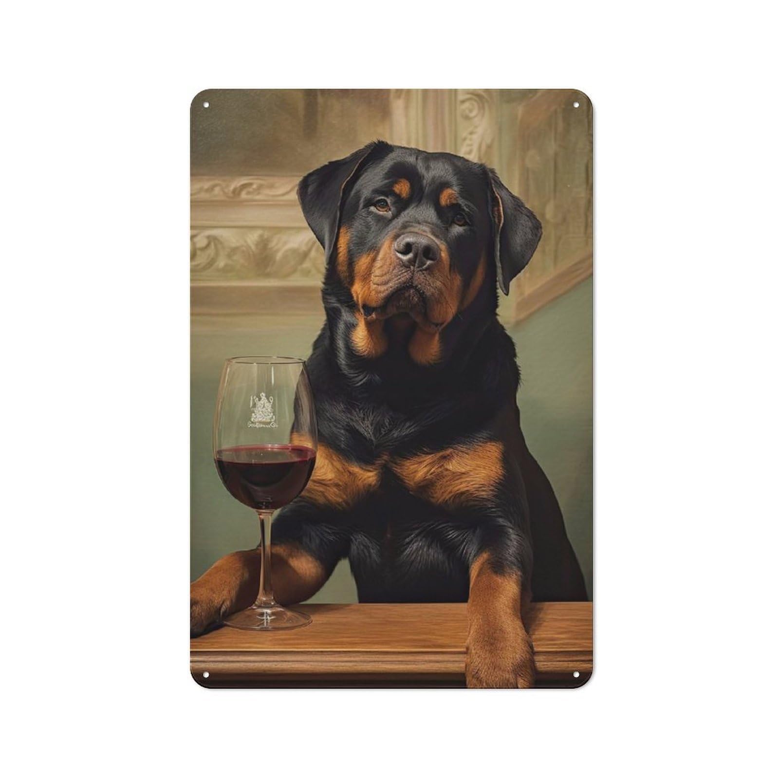 Junmoney Rottweiler Enjoying Wine Vintage Metal Gift Sign 30X20cm, Novelty Wall Art For Hallway, Home Bar, Garage Or Study