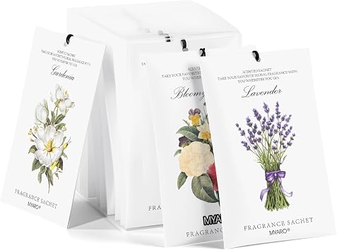 MYARO 12 Pack Assorted Garden Scented Sachets, Closet Deodorizer Freshener | 3 Scents - Lavender, Bloomy Flower, Jasmine Long-Lasting Sachets, Odor Eliminator for Closet, Drawer, Home Fragrance Gift Set