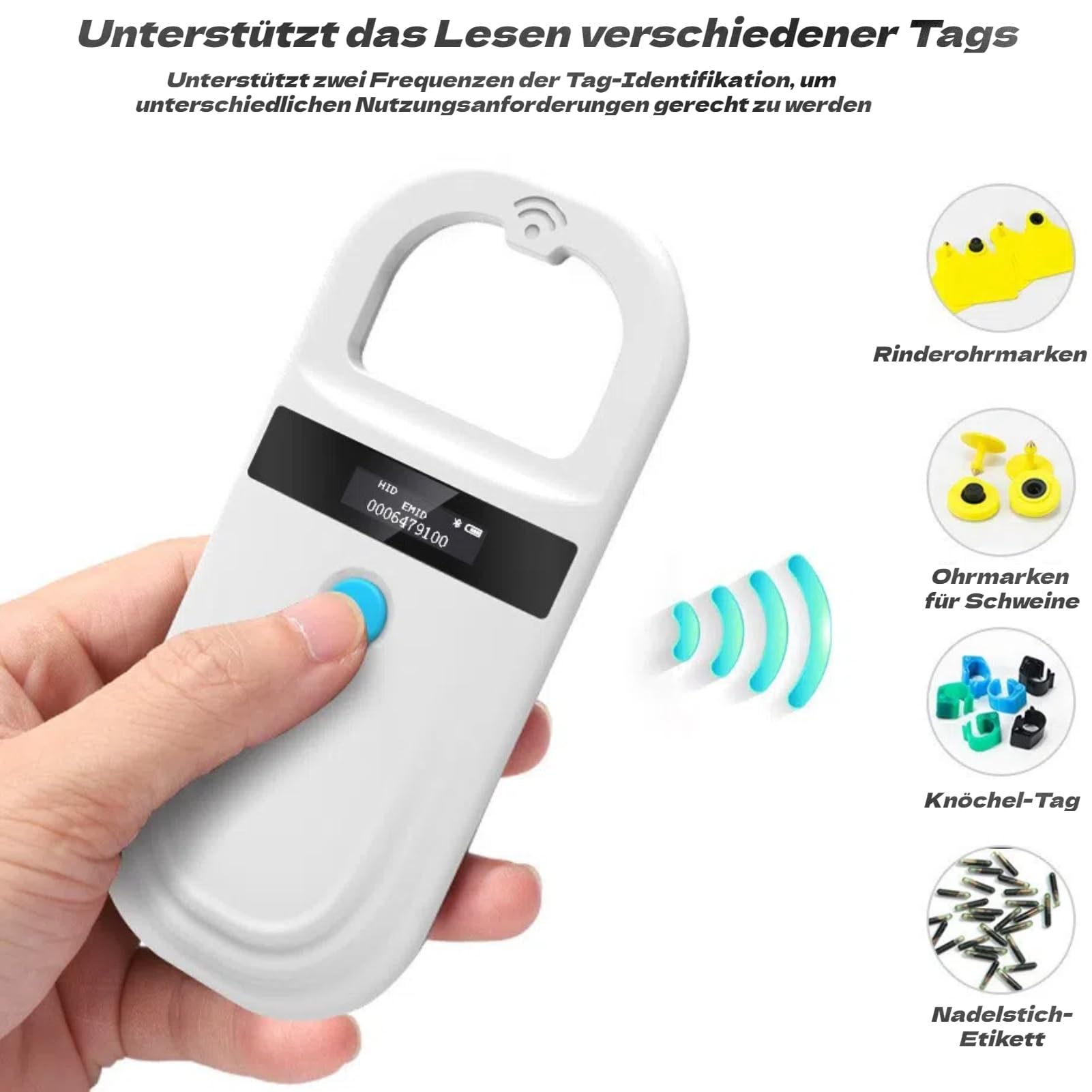 Akozon Scanner de Puces pour Animaux de Compagnie, Lecteur de Reconnaissance d'affichage Haute luminosité, Lecteur 3,7 V, pour Chiens, Chevaux, Chats, Cochons, étiquettes