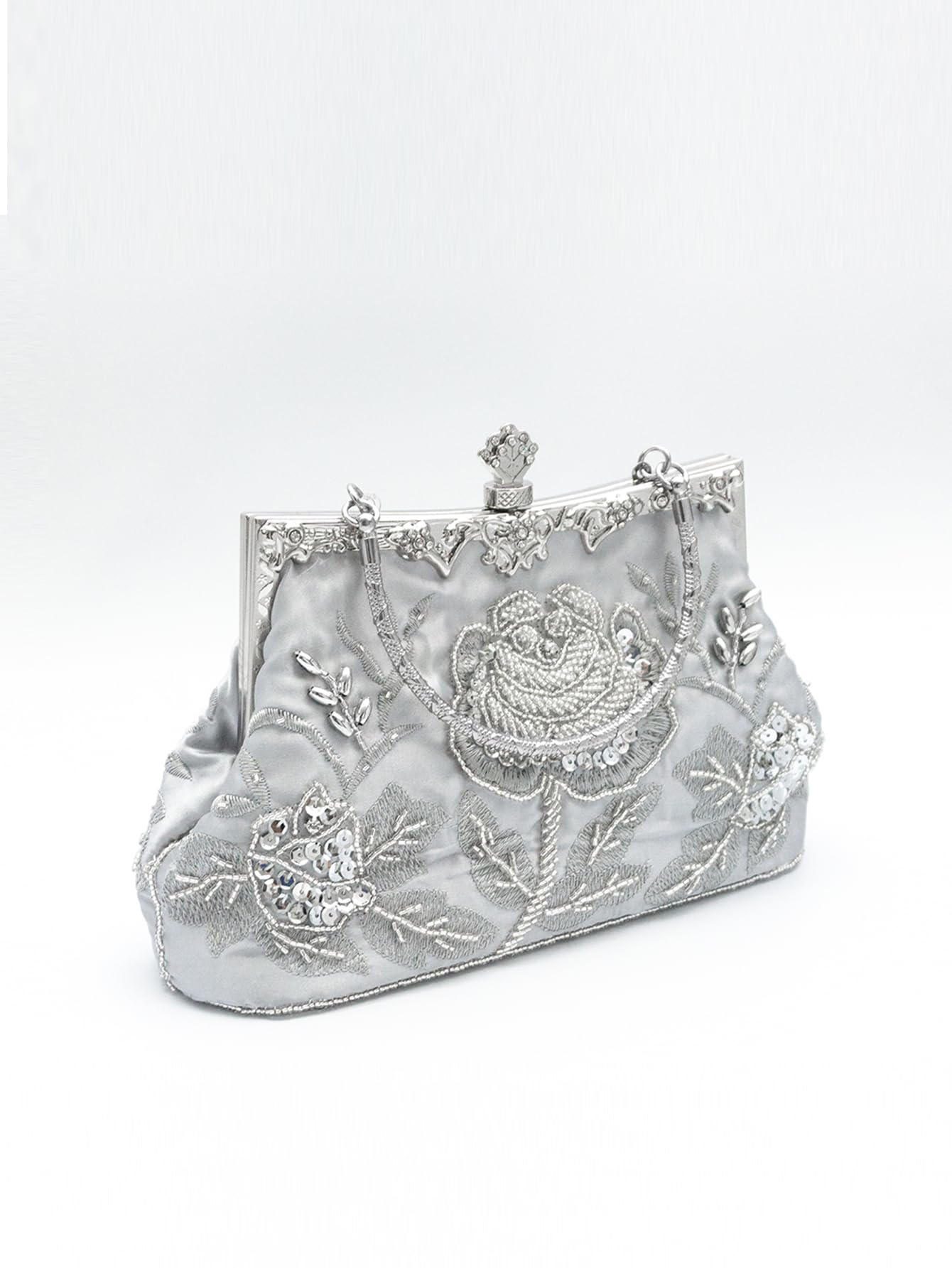 Borsa da sera vintage con perline ricamate con rose, elegante pochette con manico per matrimoni, feste ed eventi formali