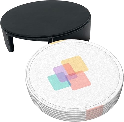 Miniatura 3 de Drink Coasters Set of 6, Squares Printed PU Leather Round Coaster with Holder for Outdoor, Office, Bar, Funny Heat-Resistant Home Desk Decor