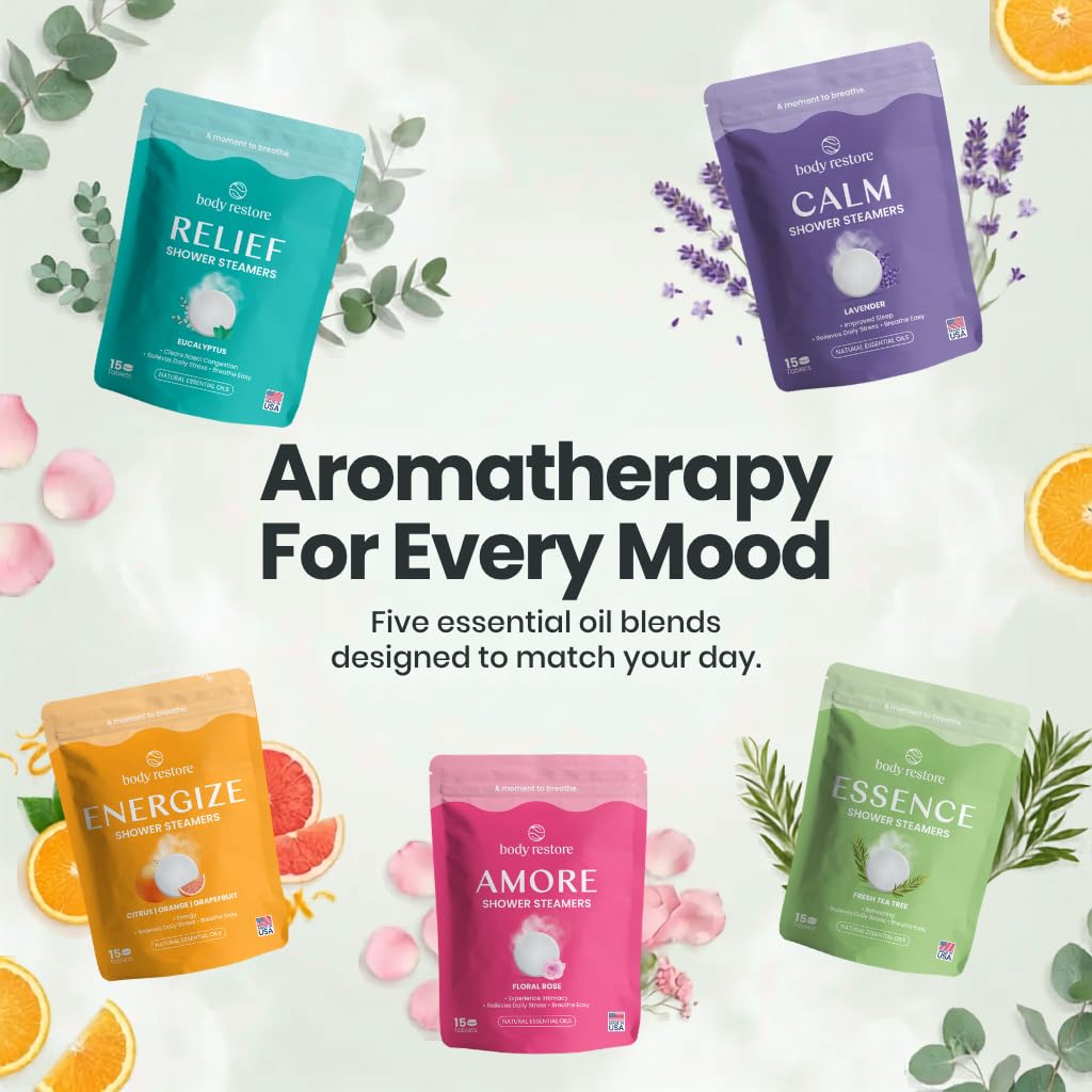 Body Restore Parowary pod prysznic, aromaterapia, 15 sztuk, relaksujące prezenty urodzinowe dla kobiet i mężczyzn, niezbędne akcesoria podróżne, ulga w stresie i samoopiece - Essence