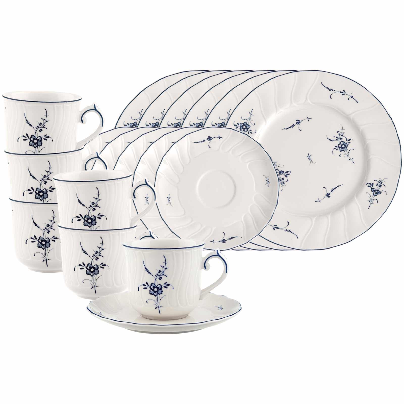 Villeroy & Boch Vieux Luxembourg Service à café 18 pièces pour 6 personnes, relief en filigrane, porcelaine de qualité supérieure, passe au lave-vaisselle et au micro-ondes, blanc/bleu
