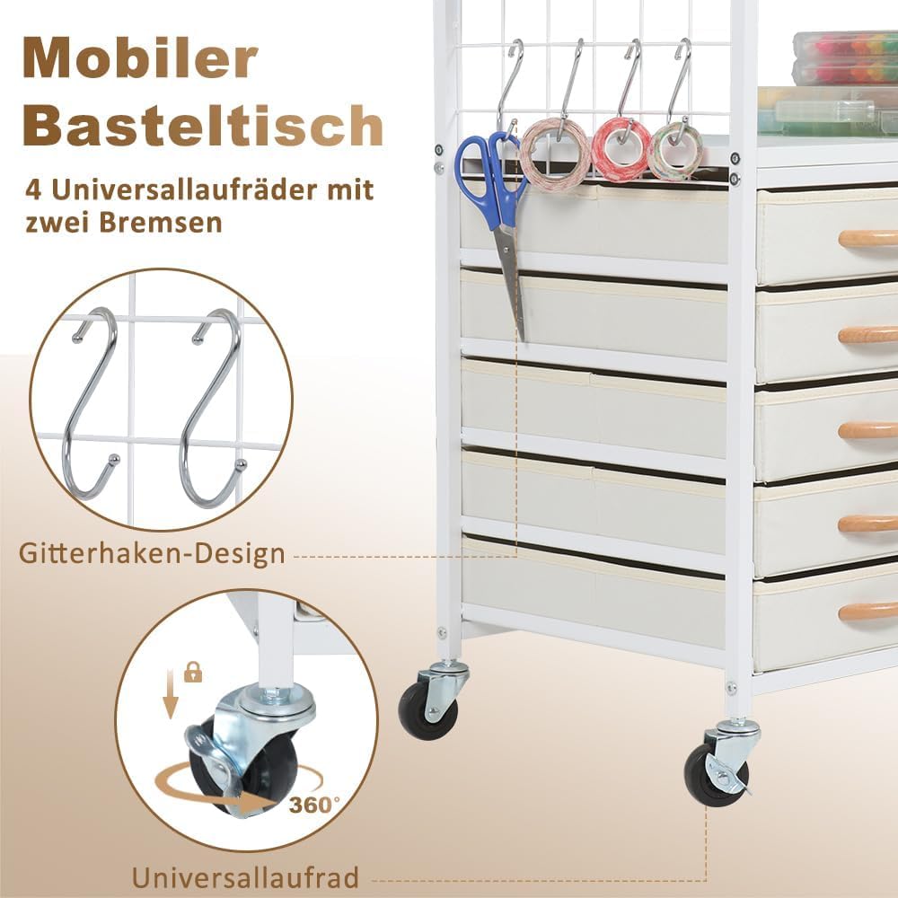 SMONTER Bastelwagen mit 28 Vinylrollenhaltern & 5 Schubladen, Mobiler Rollwagen kompatibel mit Cricut-Maker/Explore, Organizer für Nähatelier und Bastelzimmer, Weiß