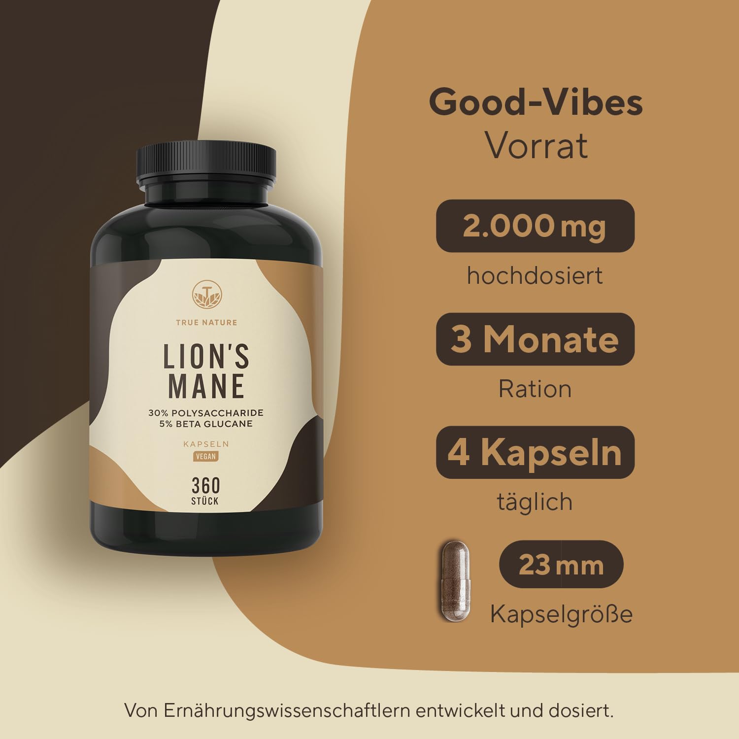 Lions Mane - 360 Kapseln - 2000mg pro Tag - 30:1 Extrakt (60000mg Hericium/Löwenmähne Pilz) - 30% Polysaccharide & 5% Beta Glucan - 500mg Hericium Erinaceus je Kapsel - Laborgeprüft - TRUE NATURE
