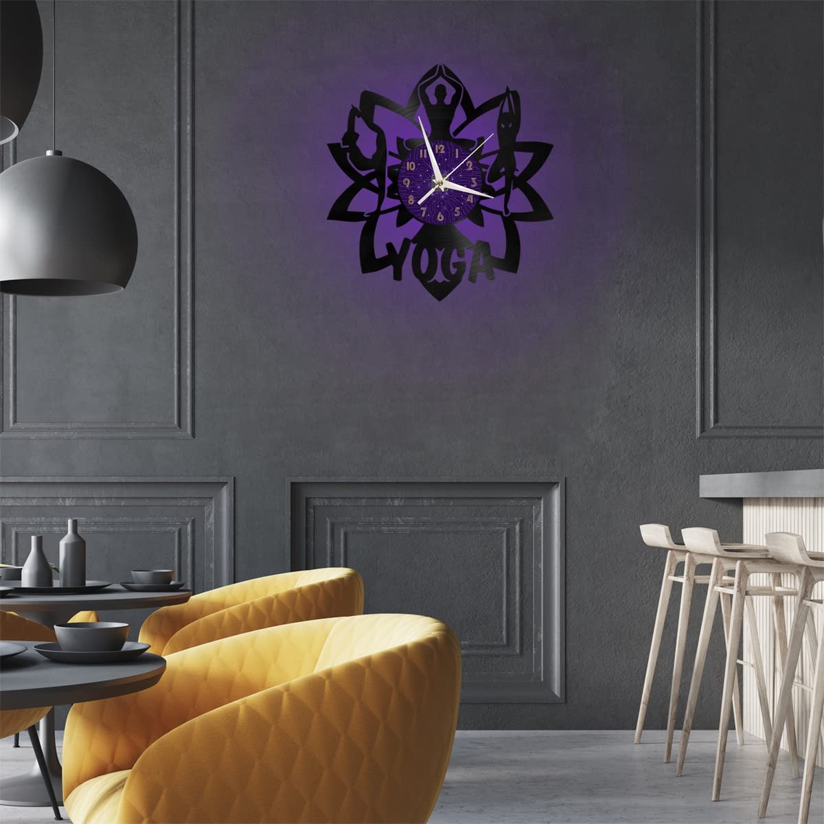 YHES Reloj de Pared de Vinilo de Yoga, Reloj de Pared de Vinilo silencioso y sin tictac (P、con luz LED