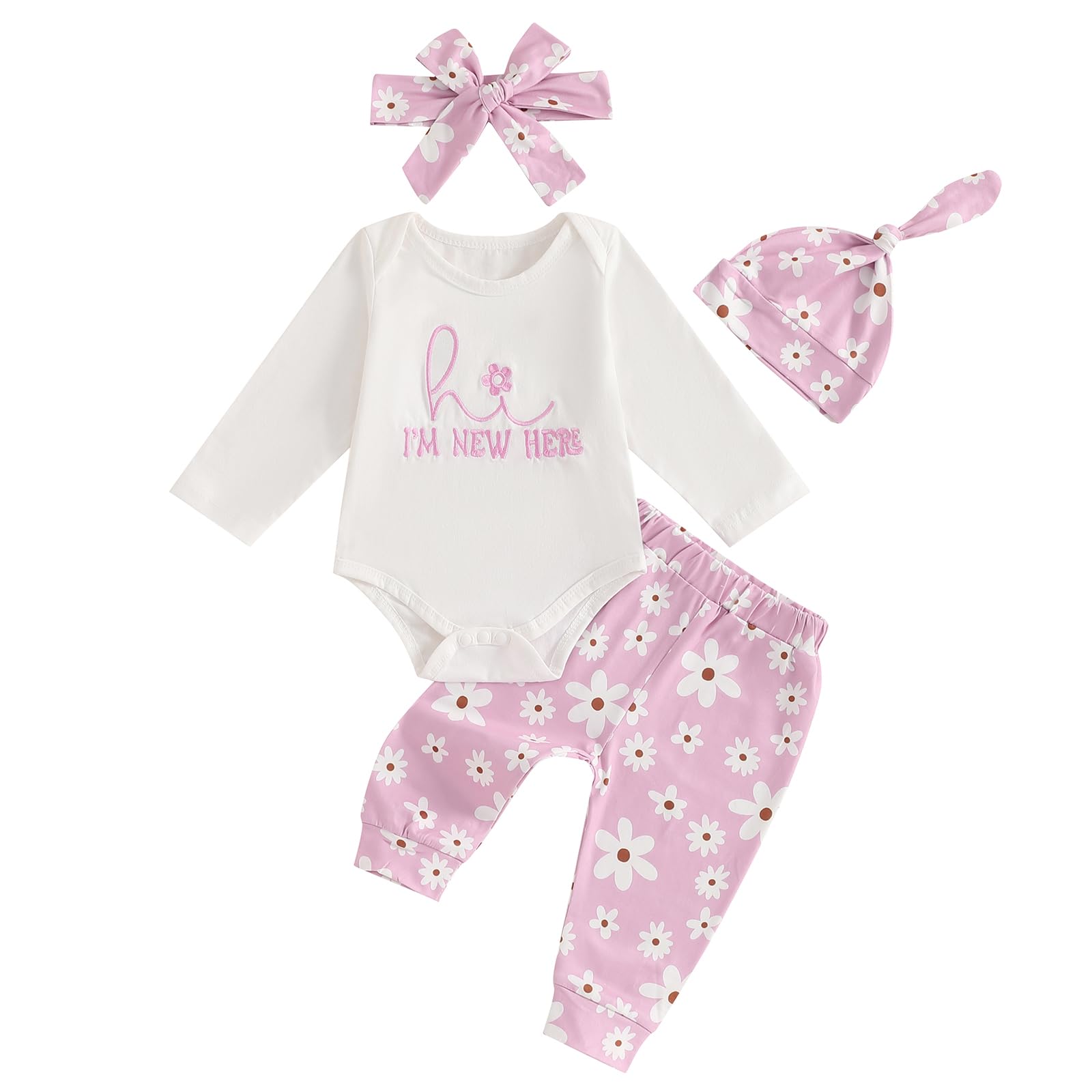 Newborn Infant Baby Girl Pants Set Letter Romper Daisy Pants Hat Headband 4Pcs Spring Winter Outfits