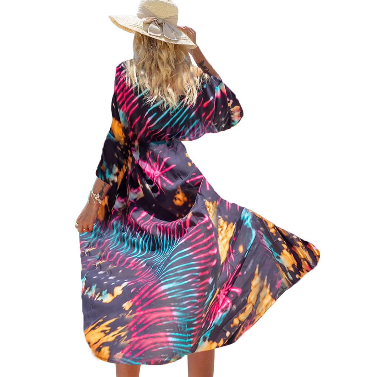 Damskie kimono, kardigan, letnia sukienka plażowa, długie ponczo plażowe, maxi pareo, nadruk kwiatowy, Kolor 20, jeden rozmiar