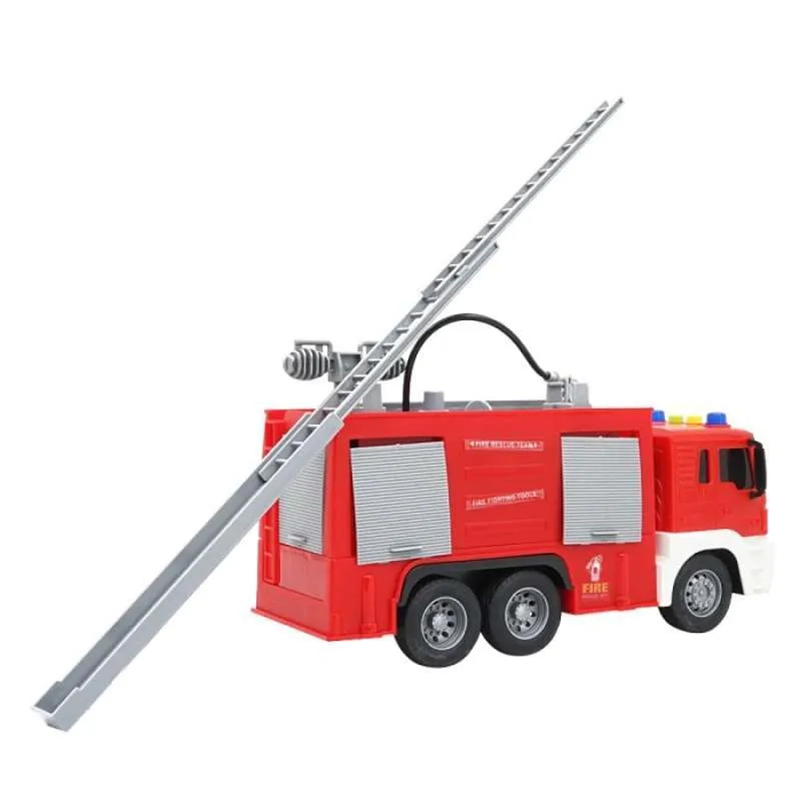 Scala 1:16 Camion Pompieri Giocattolo per Bambini, Autopompa Antincendio a Inerzia Luci & Suoni,con pompa spruzzatrice d'acqua, scala estensibile, Rosso (scala a pioli)