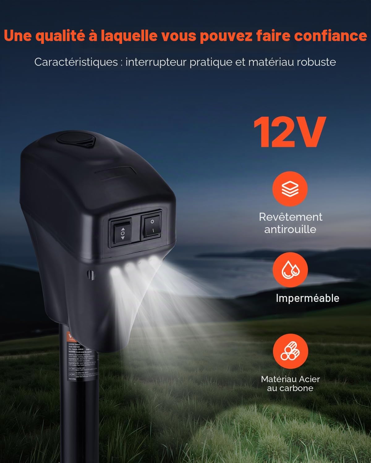 VEVOR Cric de Remorque Électrique, 2267 kg, Cric de Camping-Car Robuste avec Connecteur à 2 Voies, Manivelle, LED, Plage de Levage 255-860 mm, Résistant aux Intempéries, pour Remorques Camping-Cars