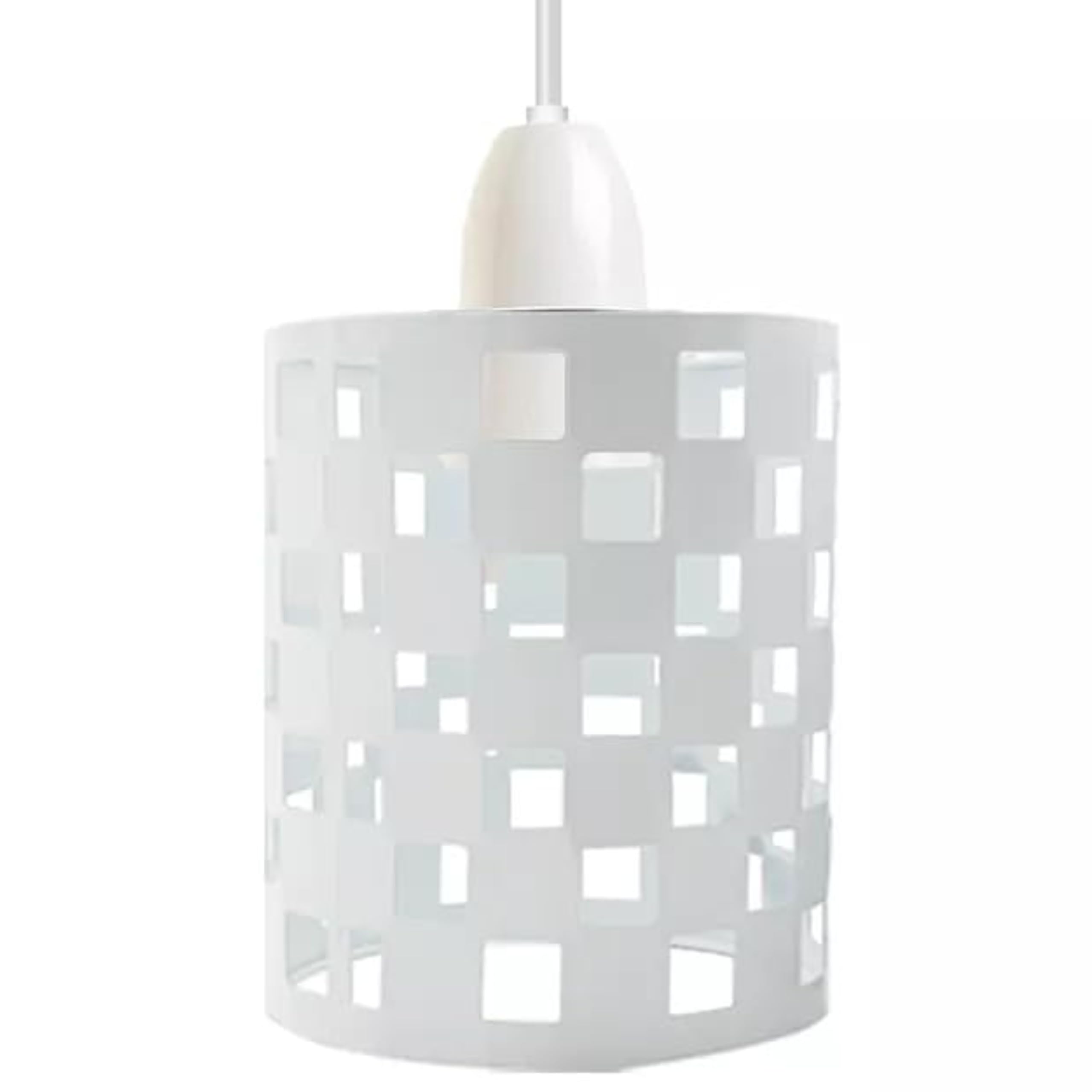 Industrial White Metal Cage Drum Lampshade Ceiling Pendant Light with Reducer Plate – Modern Vintage Hanging Lighting Fixture for Living Room, Bedroom
