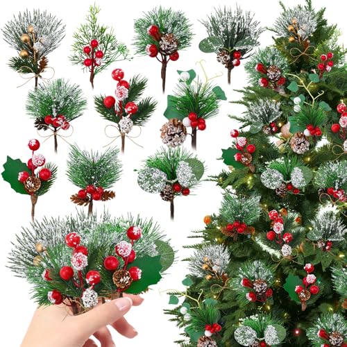 Image of 50Pack Christmas Picks Artificial Assorted Red Berry Stems and Faux Sprays Pine Picks with Evergreen Holly Sprigs for Winter Crafts Wreath Supplies Christmas Tree Decoration