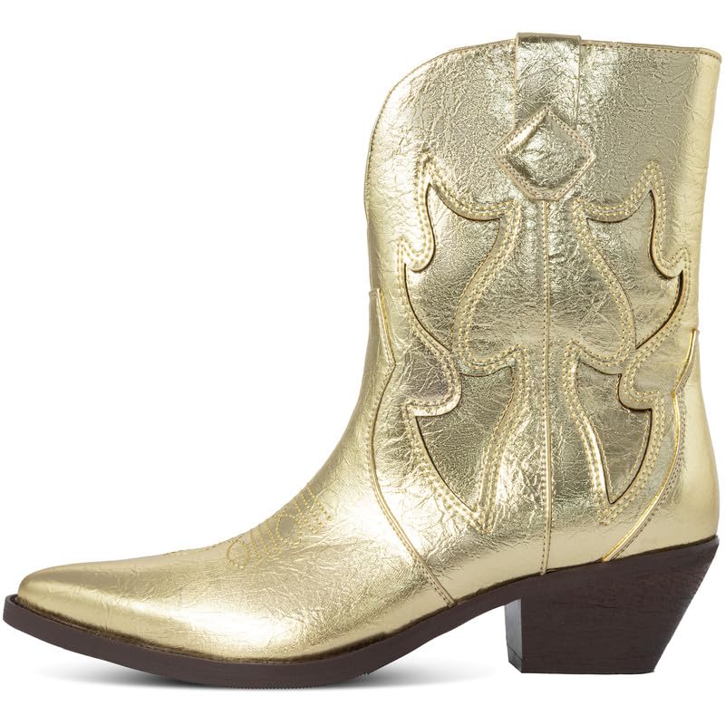 Metallic Cowboy boots for Women Embroidered Pointed Toe Cowgirl Boots Chunky Heel Pull-On Short Western Boots Wide Calf Country Ankle Boot2