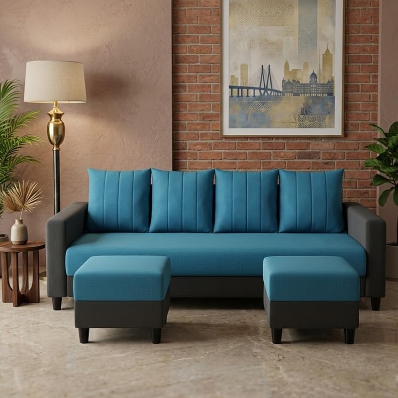 Image of Strikon Plush 6 Seater L Shape Sofa Set with 2 Movable Ottoman | Flexible Layout |Silken Velvet Suede | Designer Sofa for Living Rooms & Office Spaces (Dark Grey & Aqua Blue)