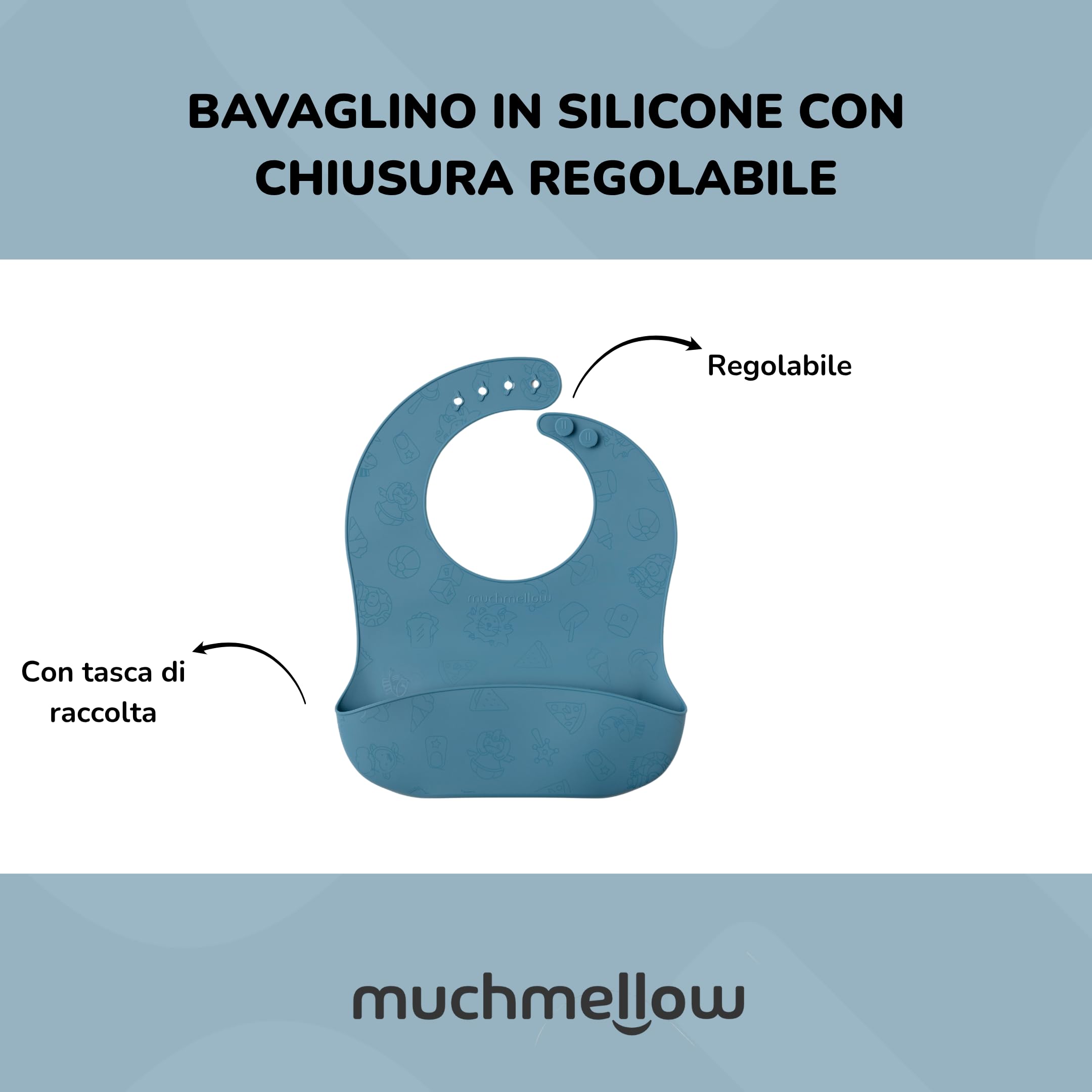 Muchmellow - Set Pappa Silicone MADE IN ITALY 4 Pezzi, Ciotola con Ventosa Anticaduta, Piatto, Cucchiaio, Bavaglino Regolabile, Svezzamento, Plastic Free, BPA Free, Lavabile Lavastoviglie (Blu)