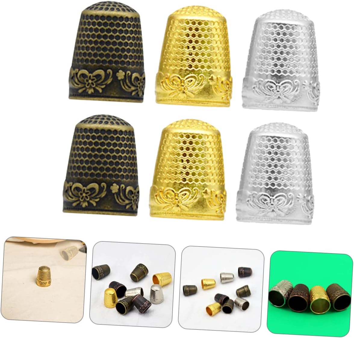 IWOWHERO 6pcs Metal Sewing Thimbles Finger Protectors for Needlework Vintage Copper Thimble Rings for DIY Craft Projects