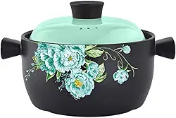 KOMFGT Panela de argila profunda com tampa e alça caçarola resistente ao calor com revestimento cerâmico para cozimento lento Bibimbap sopa antiaderente panela quente B 3,17 litros (H 5,3 litros)