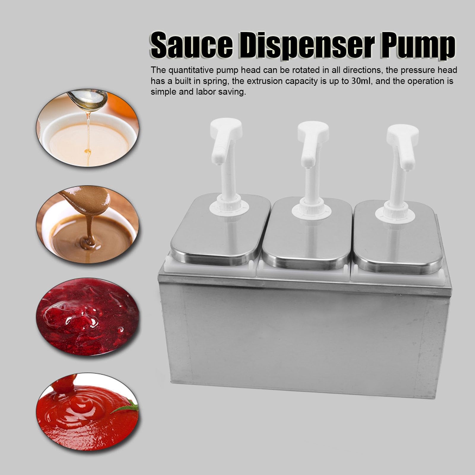 Sauce Dispenser Pumpe, Edelstahl Gewürz Station Flüssigkeit große Kapazität Lagerung Eimer Geschirr Nachfüllung Squeeze Korbtop für Ketchup, Salatdressings, Grillsauce (2-Liter-Dreifachpumpe)