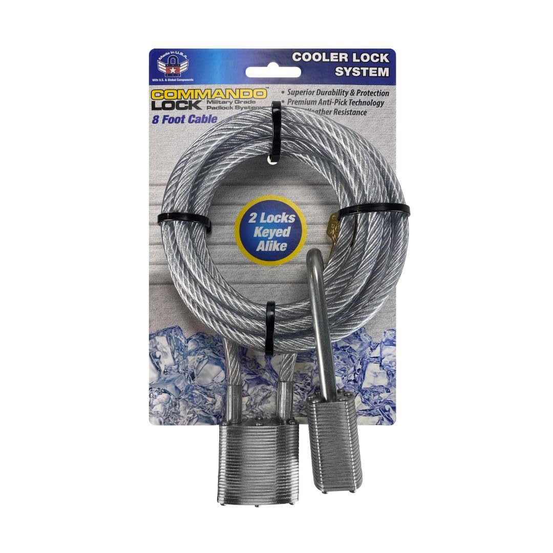 Cooler Steel Cable Commando Lock - Candado de cable recubierto de acero de 8 pies, 2 candados resistentes a la intemperie de grado militar, con llave igual, para refrigeradores, bicicletas, barcos