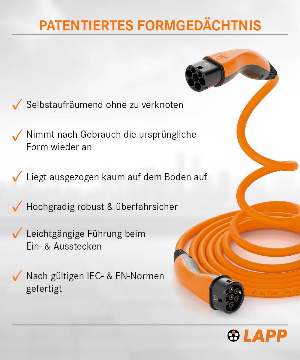 Lapp Mobility Helix Typ 2 Ladekabel 11 kW/Selbstaufrollend / 20 A / 3-Phasig/E-Auto Ladekabel/Mode 3 / 5m