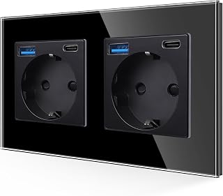 JIMEIDA Doppelsteckdose USB-A&C, Glas schwarz, 16A, 157x86mm