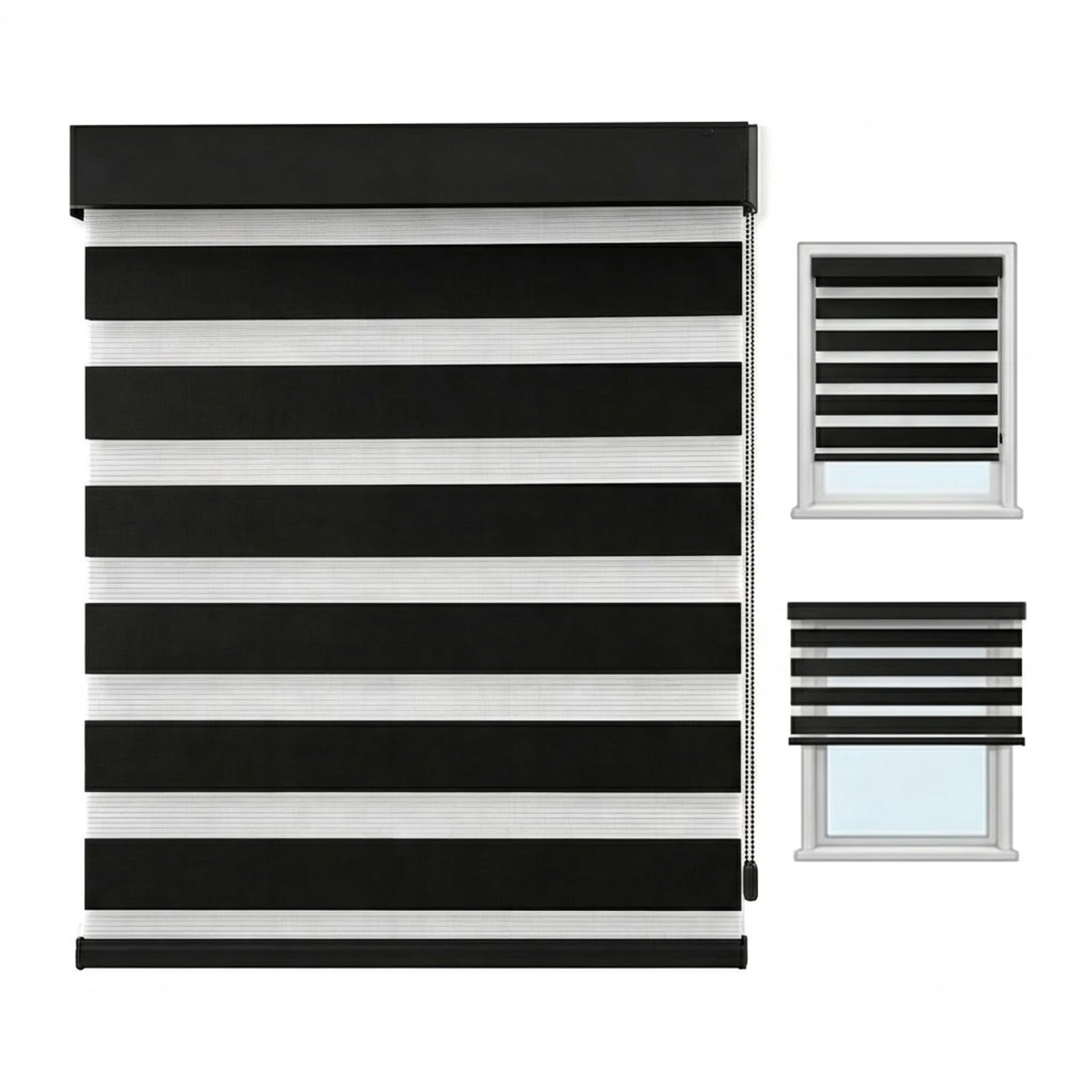 Tende a Rullo Giorno e Notte Doppio Strato a Strisce, Tenda Zebra | Traslucida Manuale per Finestre Cameretta e Bagno, Installazione Fissa con Fori(Black,130W x 80H cm)