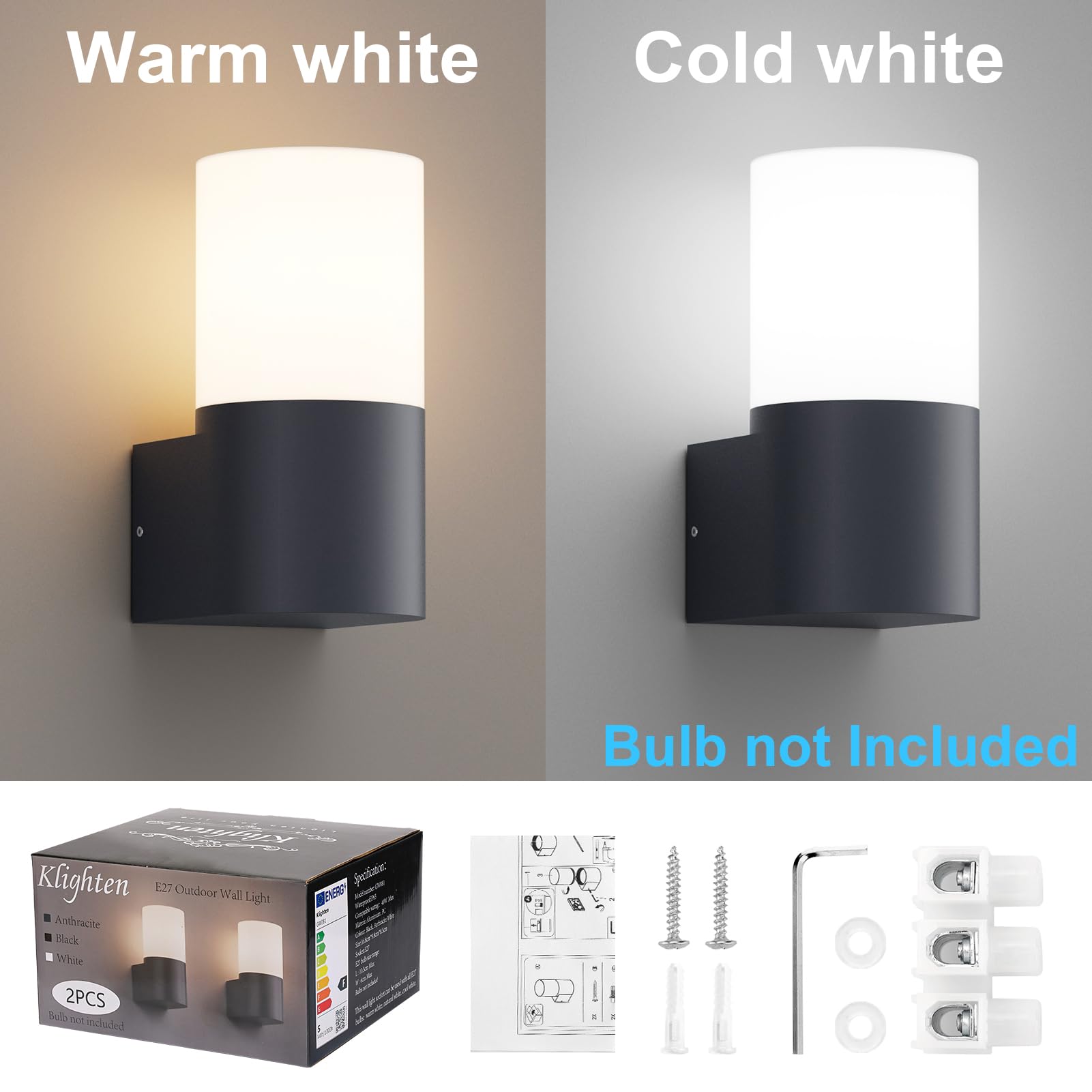 Klighten 2 Aplique de Pared E27 Interior/Exterior, Antracita Lámpara de Pared, IP65, Aluminio Moderno, para Entrada Terraza Jardín, 40W Max