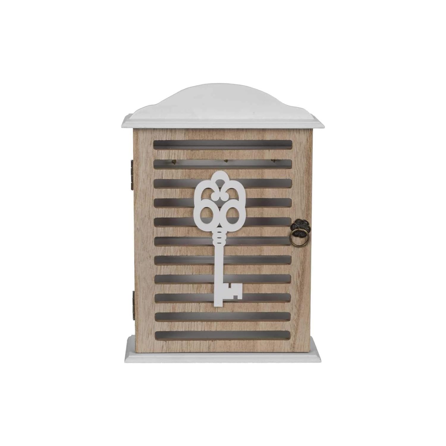 Caja para colgar llaves de diseño retro en madera bicolor marrón y blanca de 6x19x28,5cm